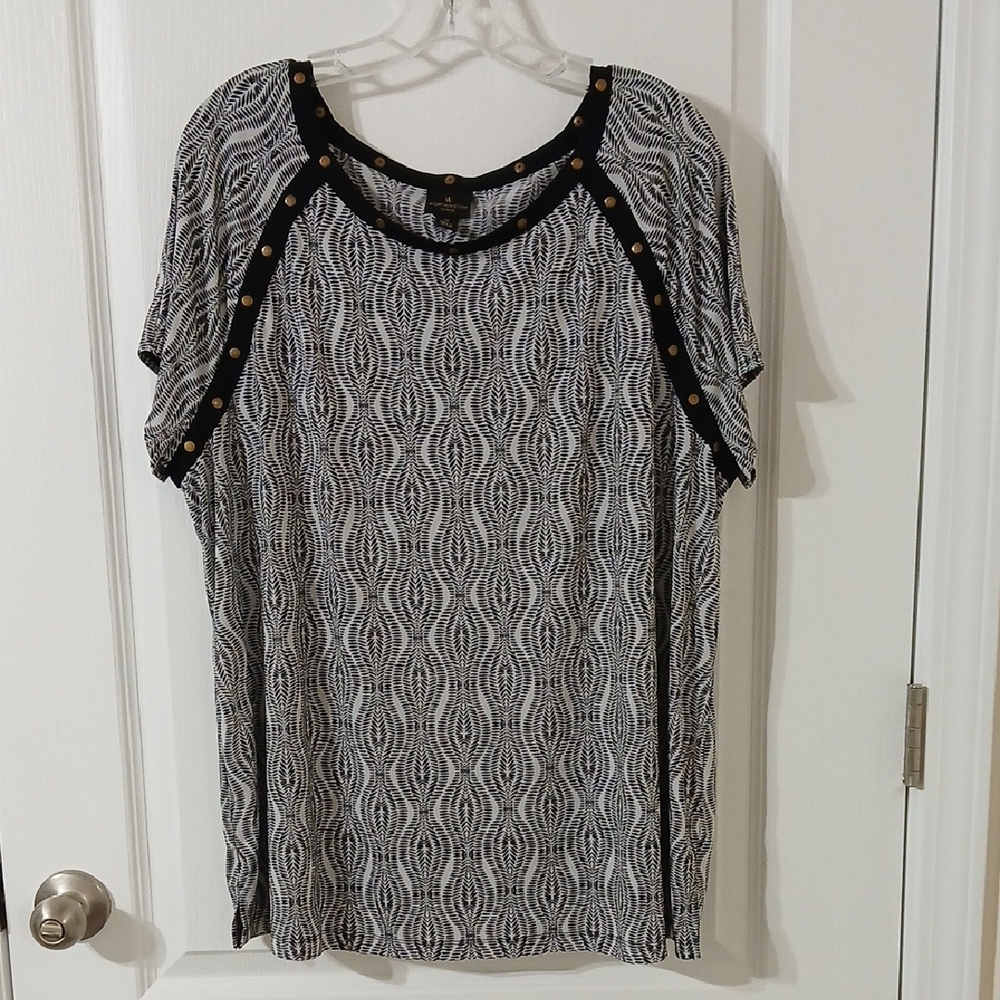Worthington Black & White Short Sleeve Stud-Trim Top